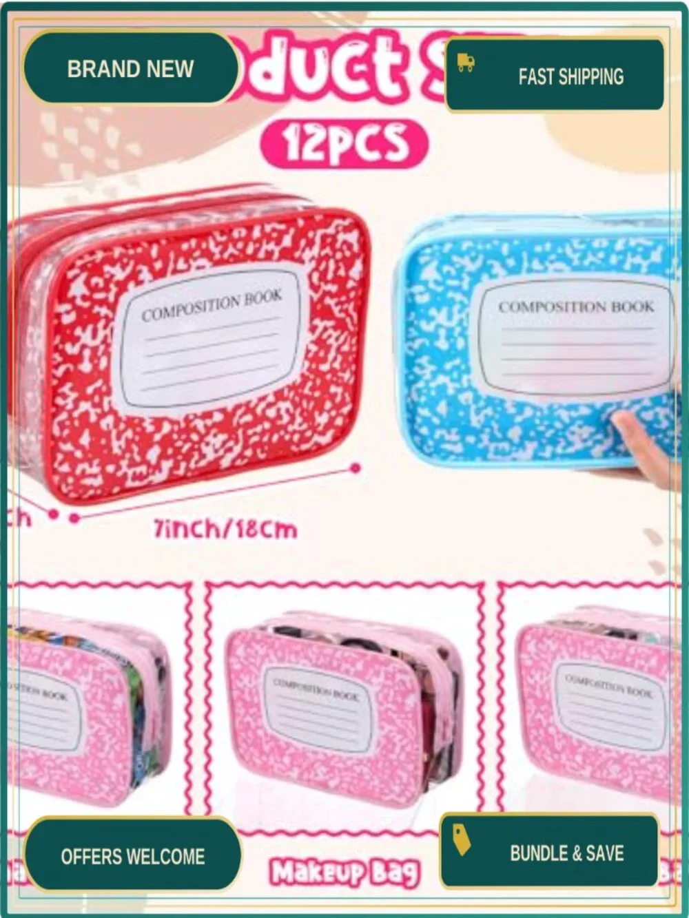 12 Clear PVC Waterproof Cosmetic Pouches with Marble Notebook Design
